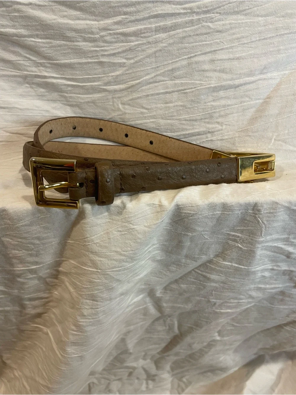 Brown Genuine Leather Ostrich Embossed Gold Buckle Belt Western Y2K